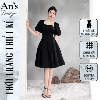 Đầm cổ vuông tay bồng kèm tang cài váy màu đen full size - An's design AN002