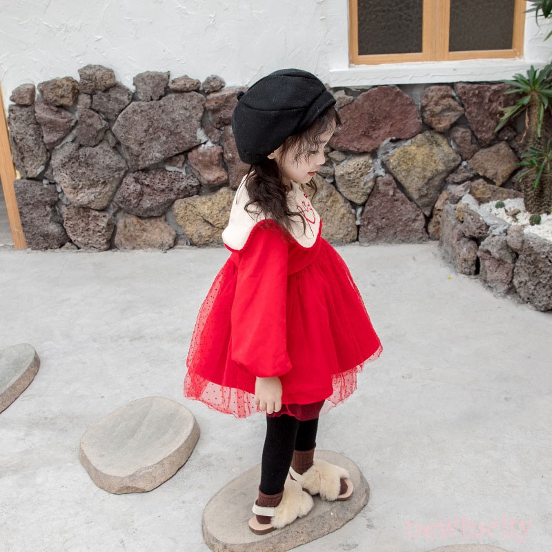 Đầm nhung phối lưới màu đỏ phong cách Hàn Quốc cho bé gái