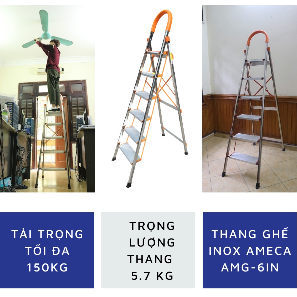 Thang ghế chữ a có tay vịn Ameca AMG-6IN, chiều cao sử dụng 145cm, bảo hành chính hãng 18 tháng, giao hỏa tốc HN