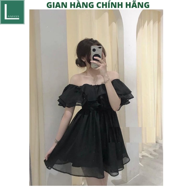 Váy voan tơ 2 lớp trễ vai tay bồng kiểu dáng hàn quốc tiểu thư bánh bèo dễ thương ulzzang -LAMASS