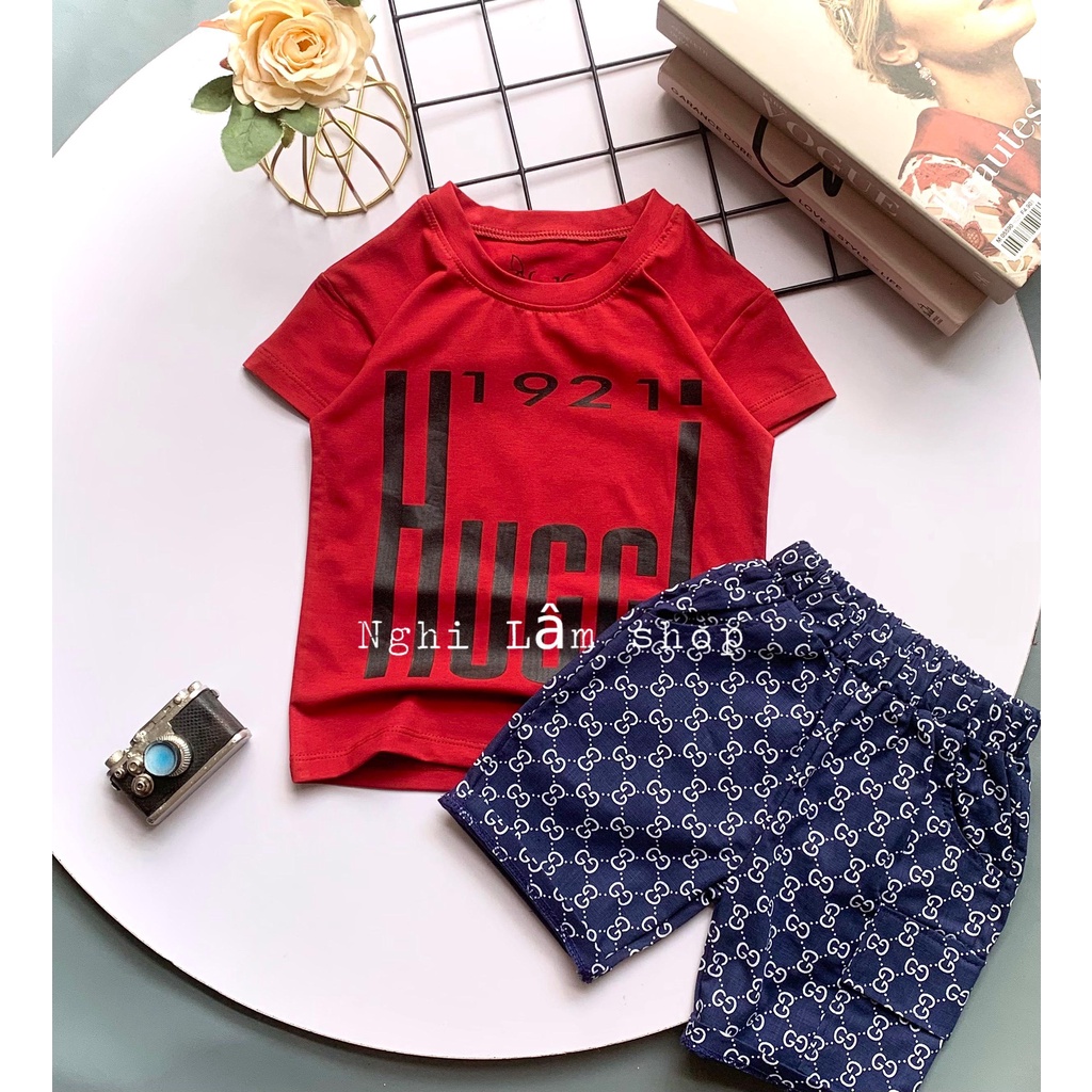 Set đồ bộ bé trai Áo thun cotton quần thun kaki chữ HuggI cho bé từ 10-38kg