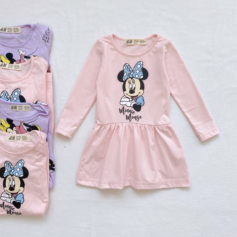 Set 2 váy cotton dài tay hình minn.ie cho bé gái màu tím hồng cân nặng từ 12-32 cân