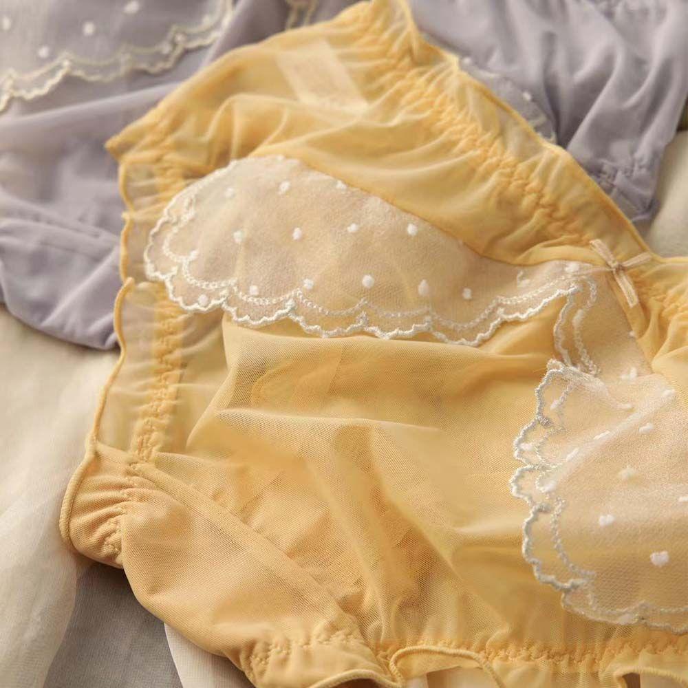 OCEANMAP Quần Lót Nữ Lưng Cao Phối Lưới Thoáng Khí Họa Tiết Chấm Bi Dễ Thương