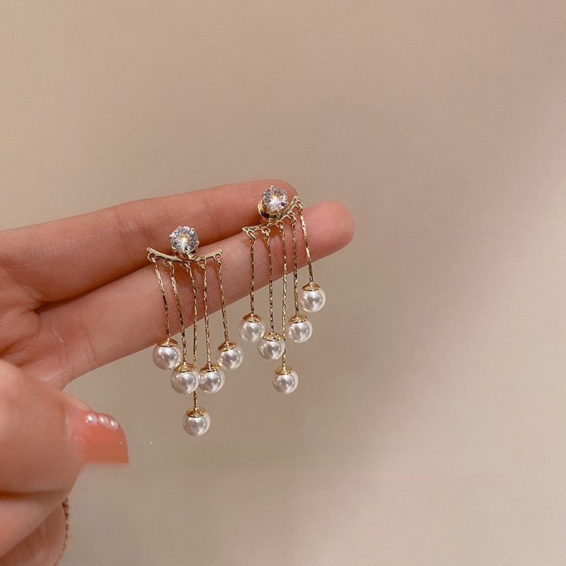 Khuyên Tai Bạc 925 Đính Ngọc Trai Tua Rua Phong Cách Hàn Quốc Thời Trang