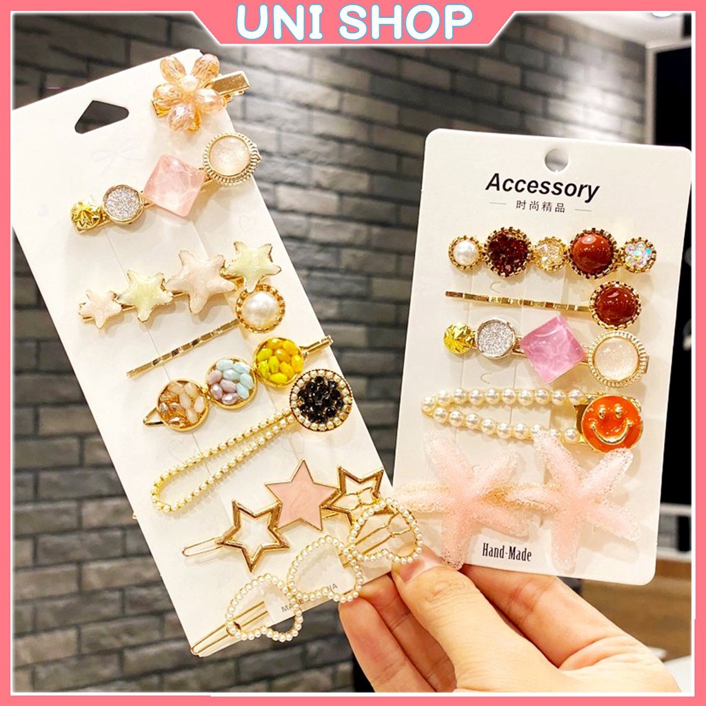 Set 8 kẹp tóc đính đá ngọc trai siêu hot phong cách Hàn Quốc