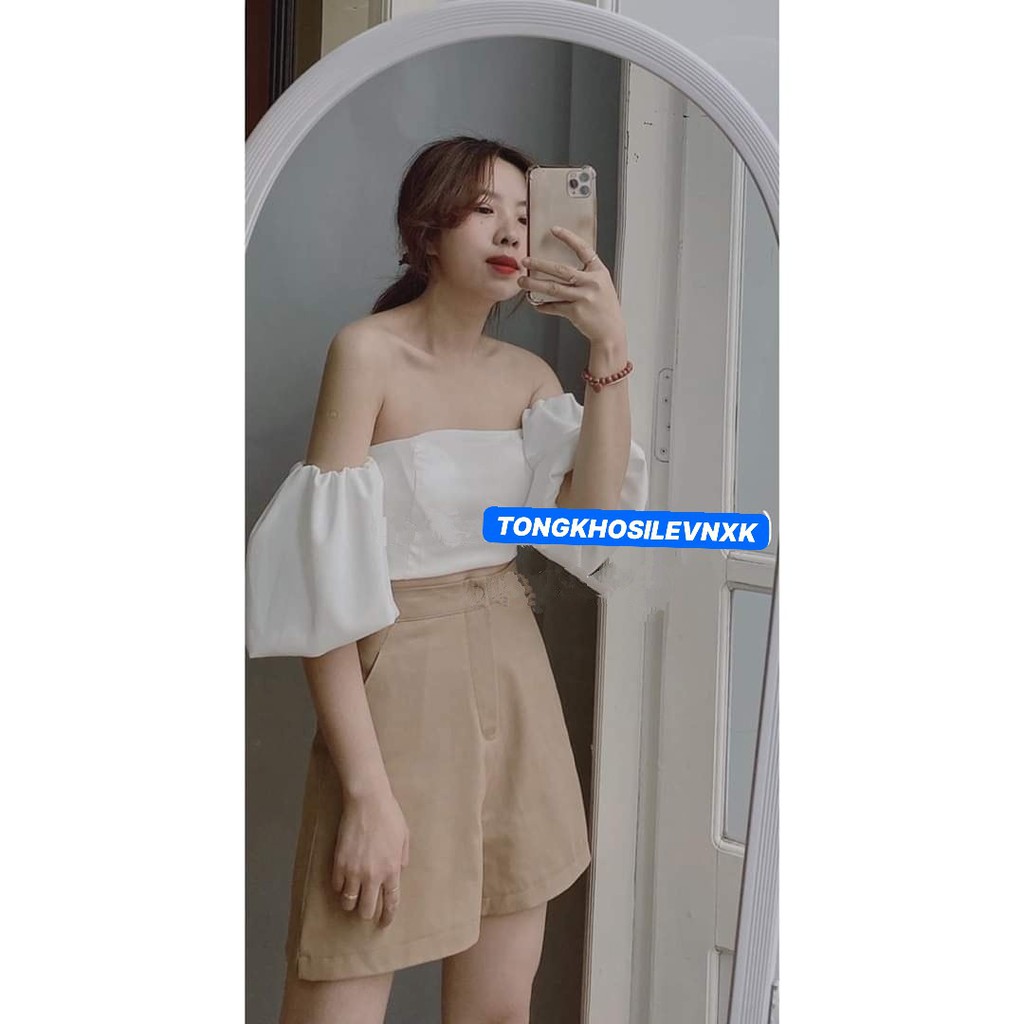 SET ÁO TRỄ VAI TUYẾT MƯA PHỐI QUẦN ĐÙI KAKI MÀU NUDE ULZZANG