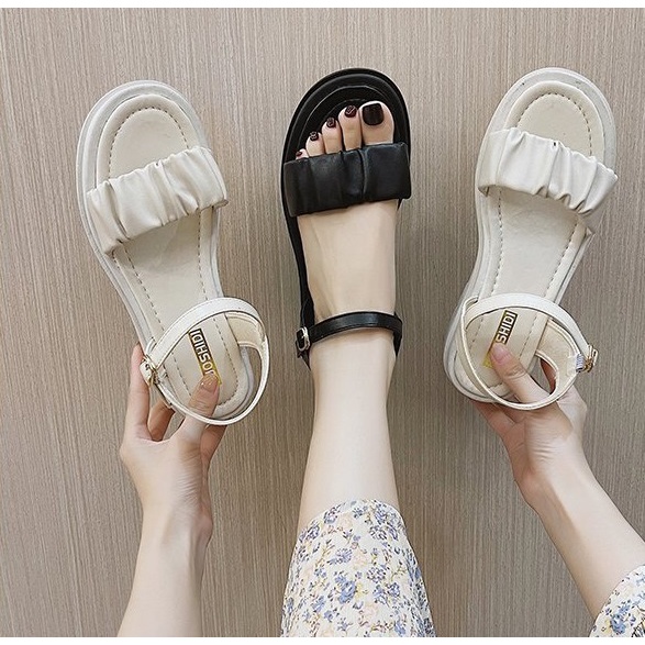 Sandal Nữ Ulzzang Vintage, Dép Quai Hậu Bản Ngang Nhún Đế Cao Su Chống Trơn PU Độn 5cm Quai Gài Hàn Quốc - Iclassy_shoes