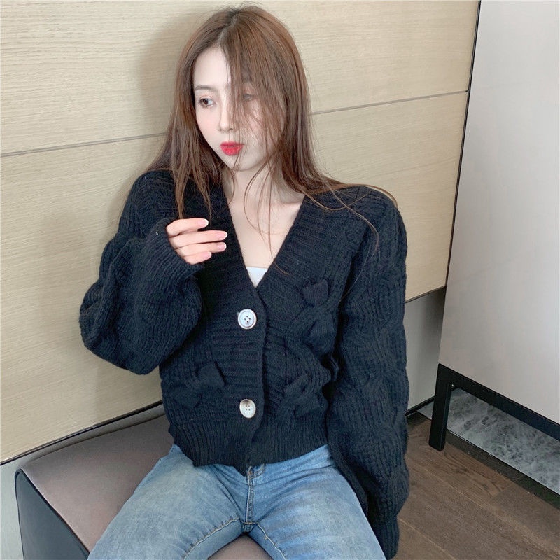 Áo khoác cardigan dệt kim dáng rộng mềm phối nơ phong cách mùa thu Hàn Quốc cho nữ