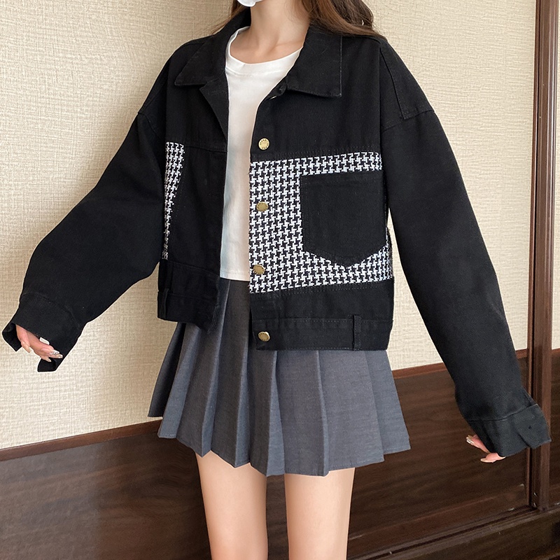 Áo khoác denim đen ngắn dáng rộng phong cách Hàn Quốc