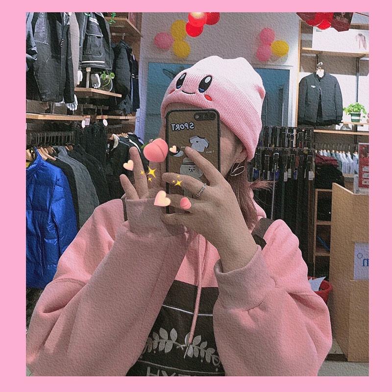 Mũ Dệt Kim Unisex Giữ Ấm Mùa Thu Đông In Hình Hoạt Hình Kirby Đáng Yêu Phong Cách Hip Hop