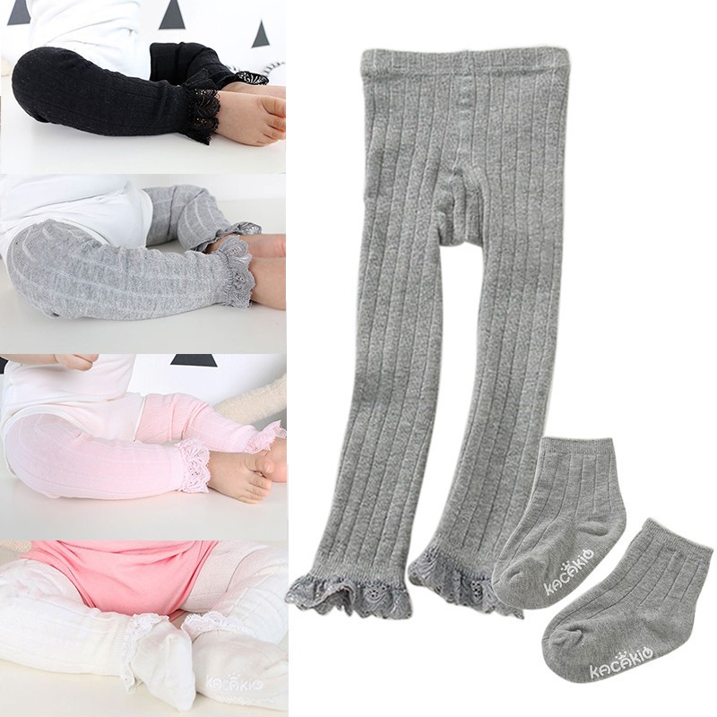 Set quần legging phối ren + tất chất liệu cotton cho bé