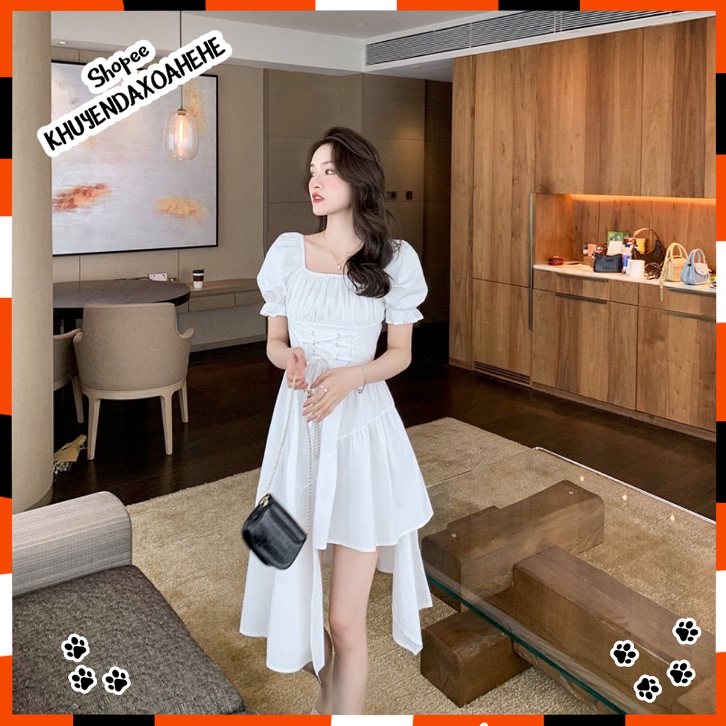 V019 Váy nữ xẻ thắt nơ eo tiểu thư đầm dài dáng xòe cổ vuông tay bồng đen trắng bánh bèo nữ tính cute