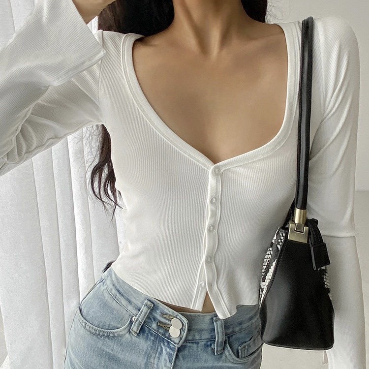 Áo Croptop Nữ Gân Tăm, Áo Tay Dài Xẻ Tà Cài Nút -Chuẩn fom thêm phần cá tính_Phuongshop1812