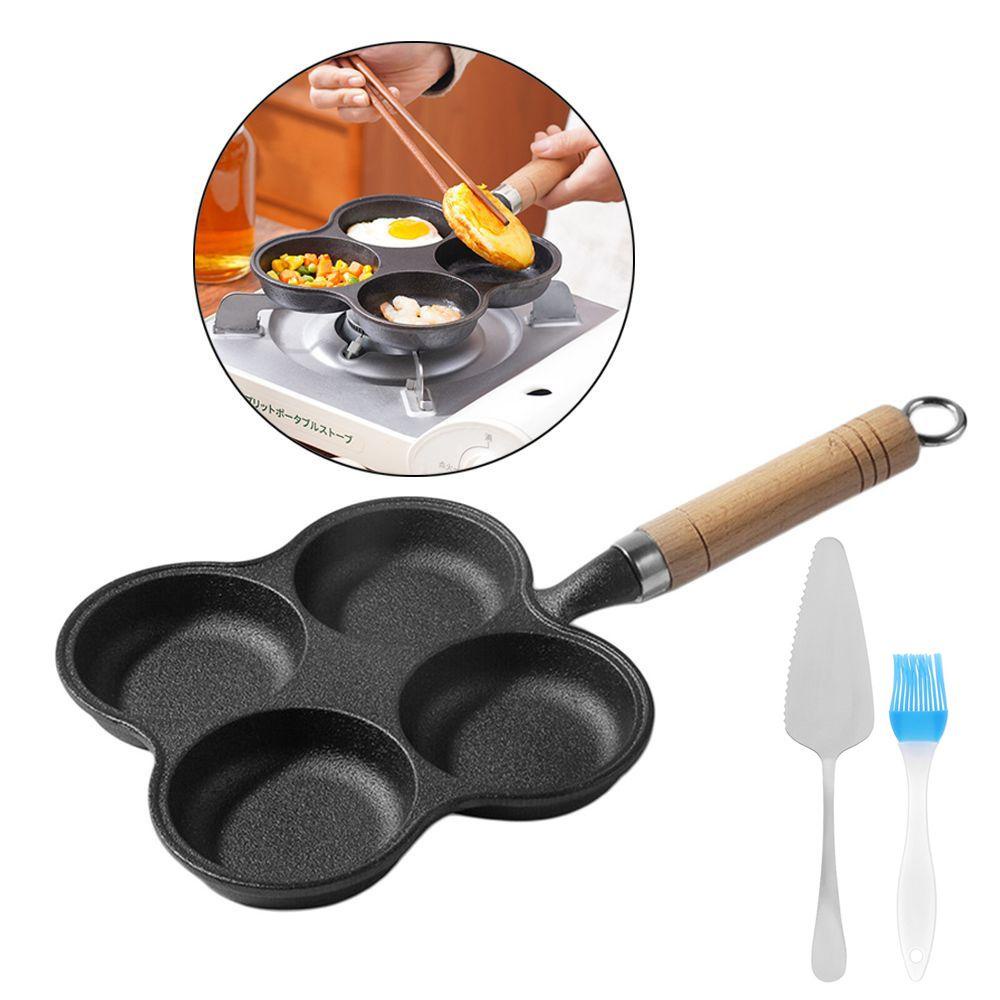 GOGOUP Set 3 Chảo Chiên Trứng 4 Lỗ Không Khói Tay Cầm Bằng Gỗ