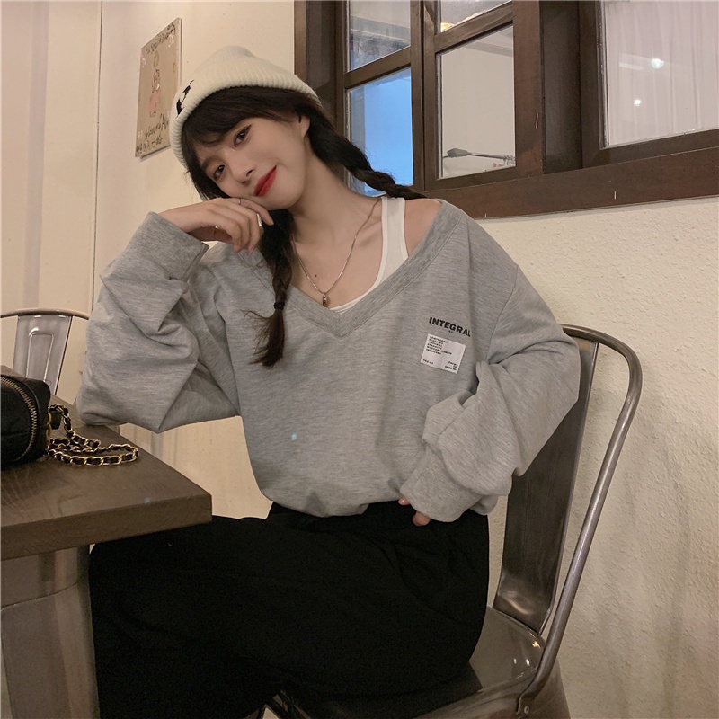 Áo sweater tay dài cổ chữ V dáng ngắn phong cách thời trang Hàn Quốc