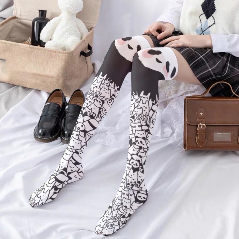 XIXI Vớ dài qua gối in hình gấu trúc hoạt hình dễ thương cho nữ