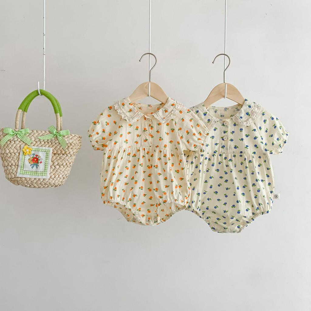 Bộ Áo Liền Quần Tay Ngắn Vải Cotton In Hoa Xinh Xắn Cho Bé Gái Từ 0-2 Tuổi