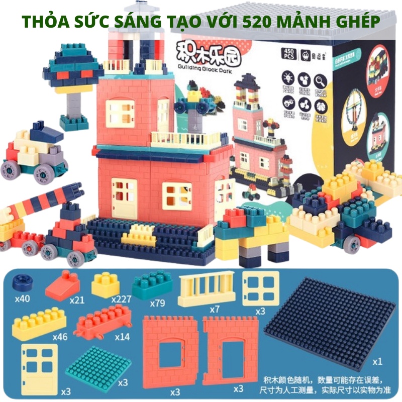 Đồ chơi khối xếp hình xây dựng công viên - Bộ đồ chơi xếp hình thông minh sáng tạo 520 chi tiết có hộp đựng DATAS