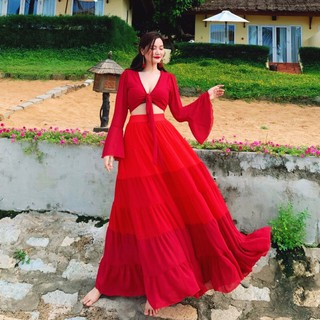 HOANGYEN - Set đầm maxi đỏ tay dài cột ngực tà váy xoè tròn chân váy dài 110cm