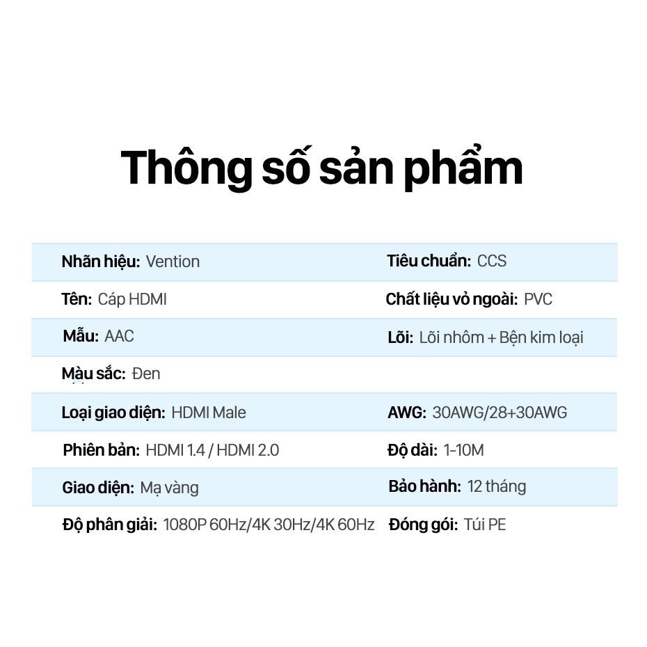 Dây HDMI Vention cáp HDMI to HDMI 1m 3m chuẩn 2.0 4K 60Hz tivi, pc, máy tính, laptop BH 12T