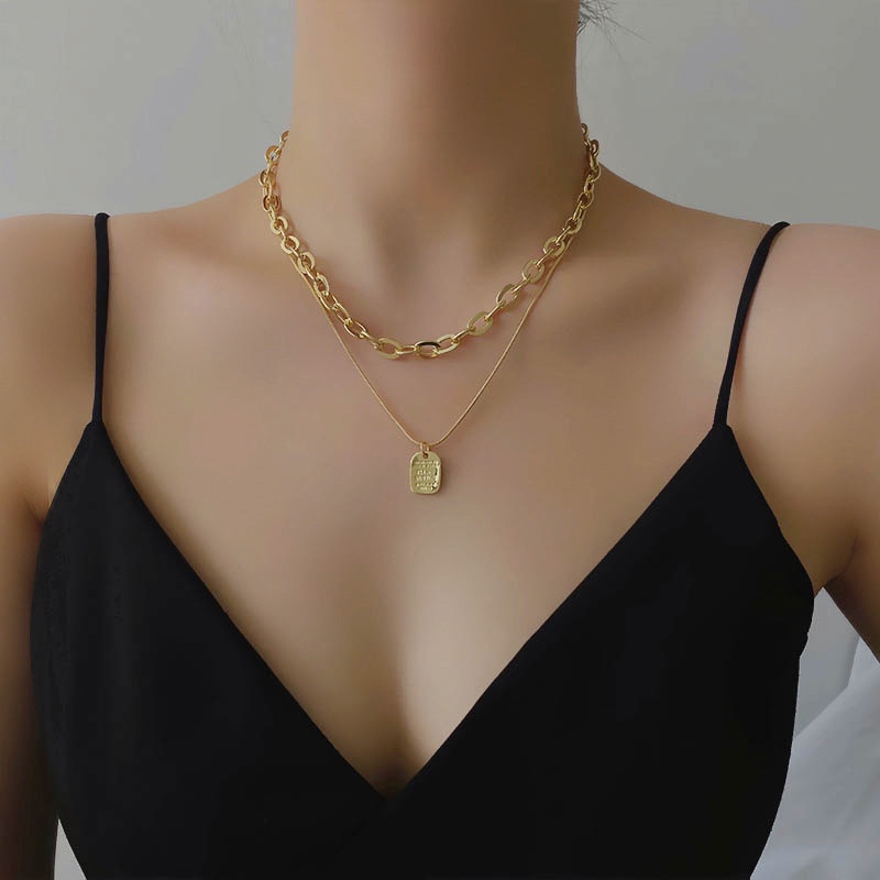 Dây chuyền/ vòng cổ hợp kim 1 mắc xích 1 dây mảnh mặt thẻ chữ nhật phong cách Hàn Quốc