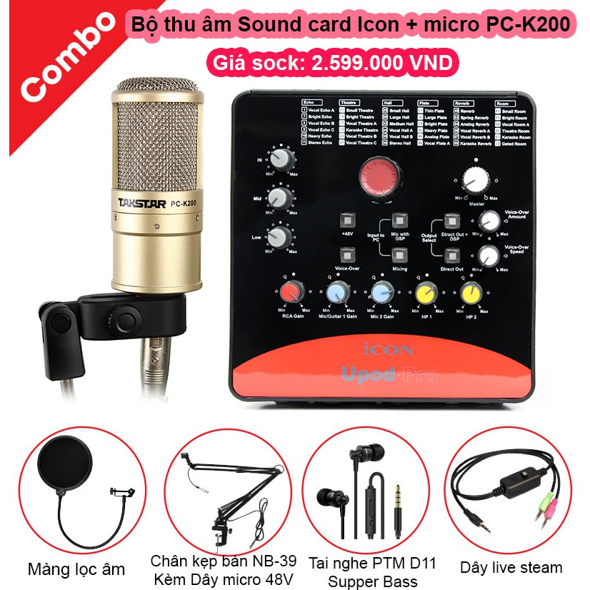 ComBo mic livestream hát karaoke takstar PC-k200,card icon,dây live 3 màu,màng lọc, chân kẹp nb39TẶNG Tai nghe PTM -D11