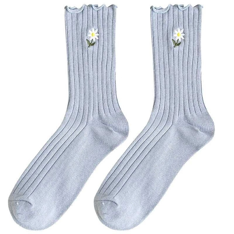 Tất cotton cổ cao kẻ sọc in hoa dễ thương cho nữ 8 màu lựa chọn