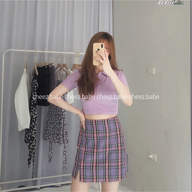 Chân váy sọc caro tím
