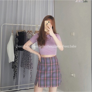 Chân váy sọc caro tím
