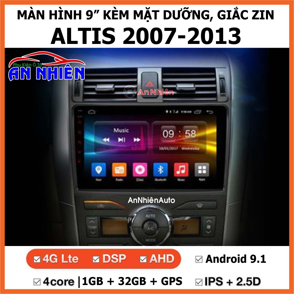 Màn Hình 9 inch Cho Xe ALTIS 2007-2013,  Đầu DVD Android Tiếng Việt Kèm Mặt Dưỡng Giắc Zin Xe TOYOTA ALTIS