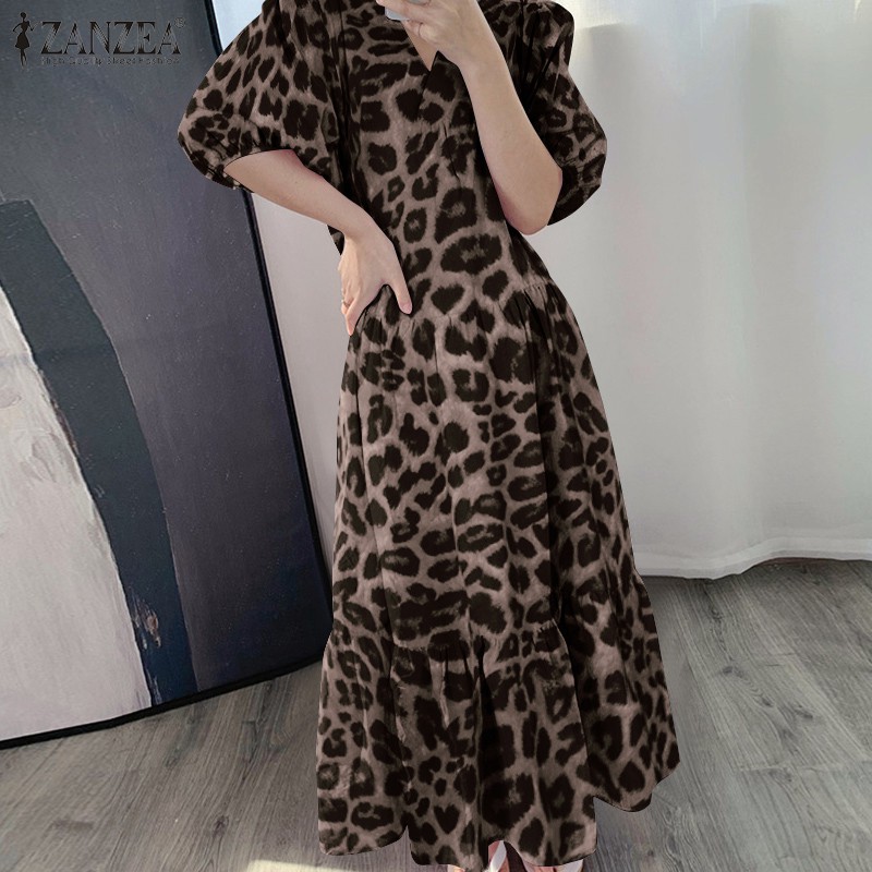 ZANZEA Đầm Maxi Tay Phồng Họa Tiết Da Báo Thời Trang Cho Nữ | BigBuy360 - bigbuy360.vn