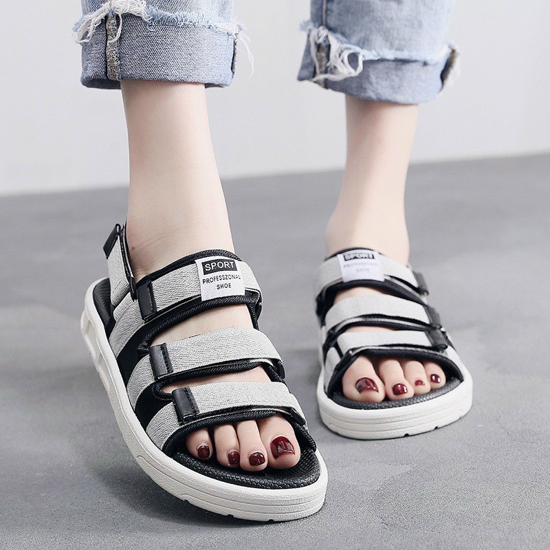 Sandal quai ngang 3 quai màu đen xám đế trắng