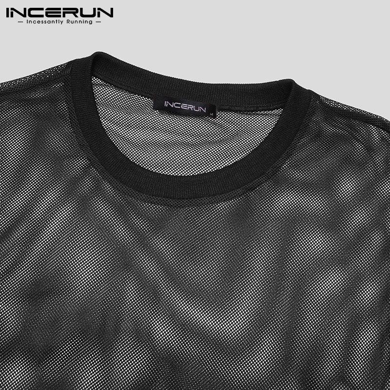 Áo thun INCERUN vải lưới mỏng xuyên thấu ngắn tay cổ tròn thời trang mùa hè thoải mái cho nam