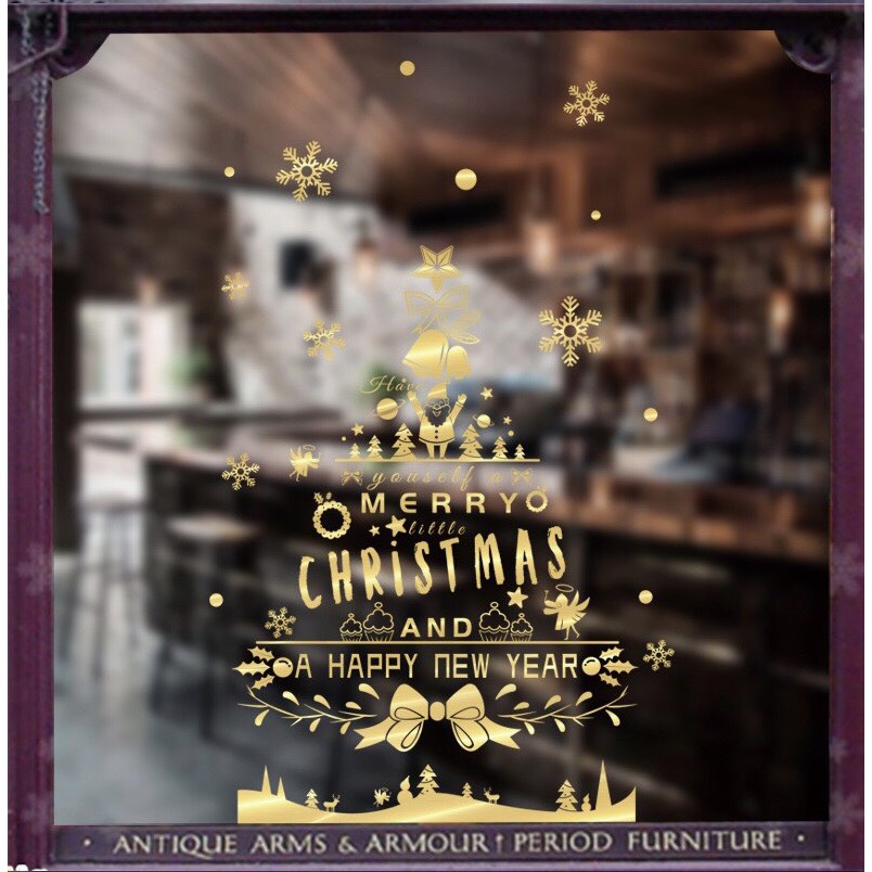 Decal dán tường Noel - chữ chi tiết ghép Cây Thông cao cấp ánh vàng