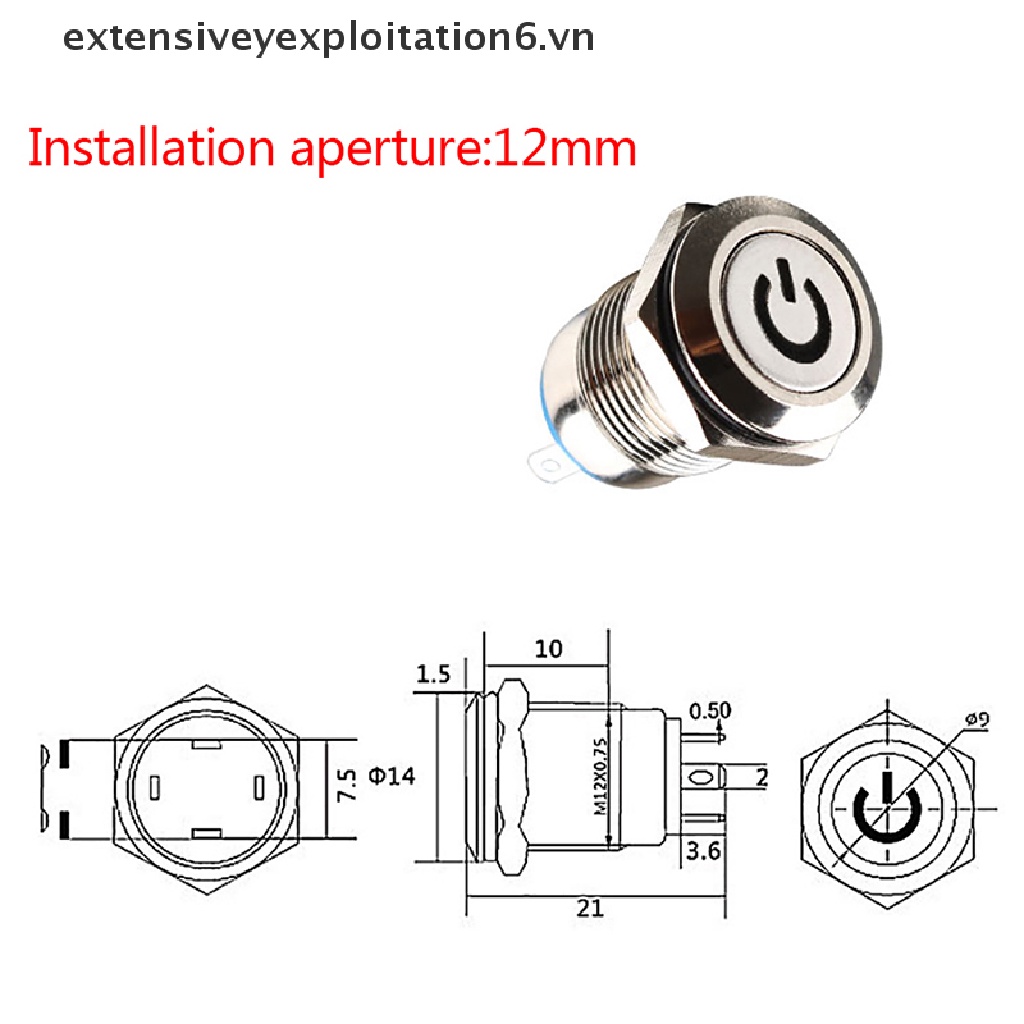 Công Tắc Đèn LED E6VN / / 12mm 12V Bằng Kim Loại Màu Đen Chống Thấm Nước Chất Lượng Cao