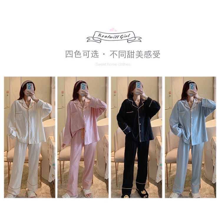 Bộ đồ ngủ tay dài màu trắng phong cách Hàn Quốc thời trang thu đông cho nữ