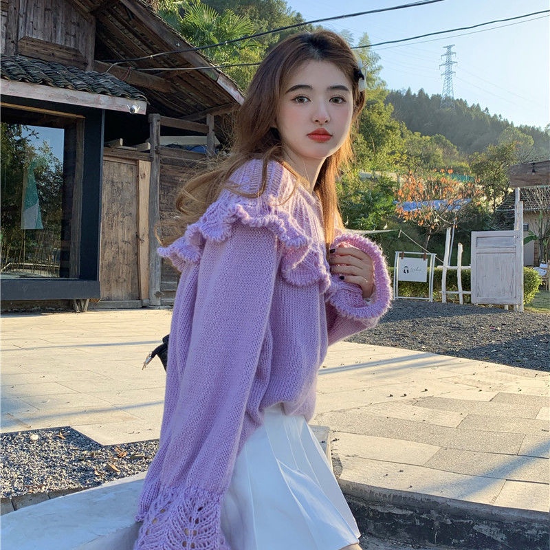 Áo Len Tay Dài Cổ Tròn Nhún Bèo Đơn Giản Thời Trang Phong Cách Hàn Quốc