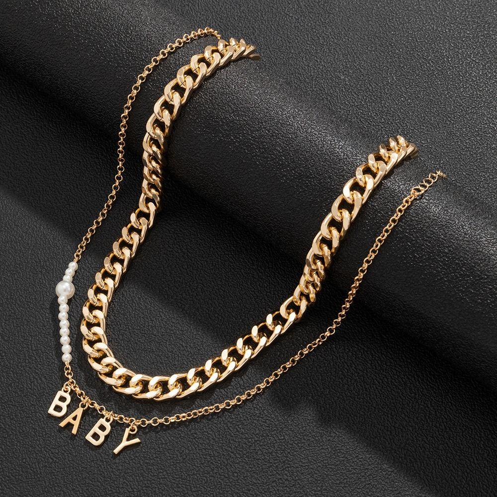 Set 2 Vòng cổ Ngọc Trai Hình Chữ BABY Đơn Giản Phong Cách Punk Cho Nam Và Nữ