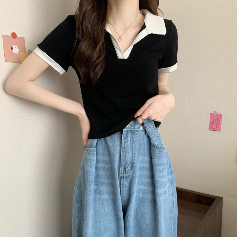 Áo polo Ngắn Tay Màu Sắc Tương Phản Thời Trang Cho Nữ