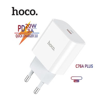 Củ sạc nhanh Hoco C76A Plus 1 cổng Type-C hỗ trợ sạc nhanh 3A, PD 20W, tương thích với nhiều thiết bị điện tử (chân tròn
