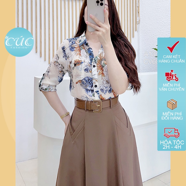Chân váy CÚC FASHION cạp cao dáng dài cao cấp công sở Quảng Châu đầm xòe kèm đai phối rời CV680