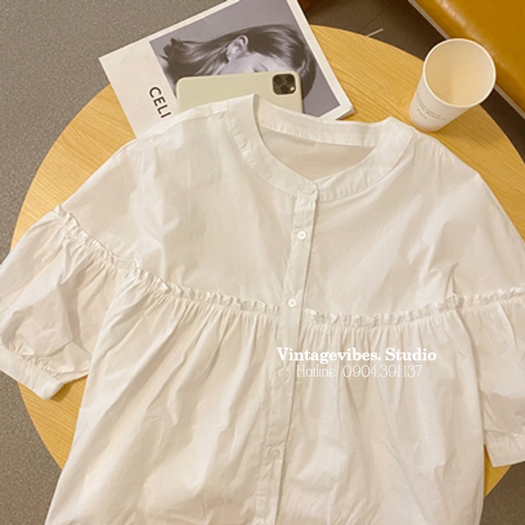 Áo babydoll cổ tròn phối bèo thanh lịch (hàng QC) - Ảnh thật