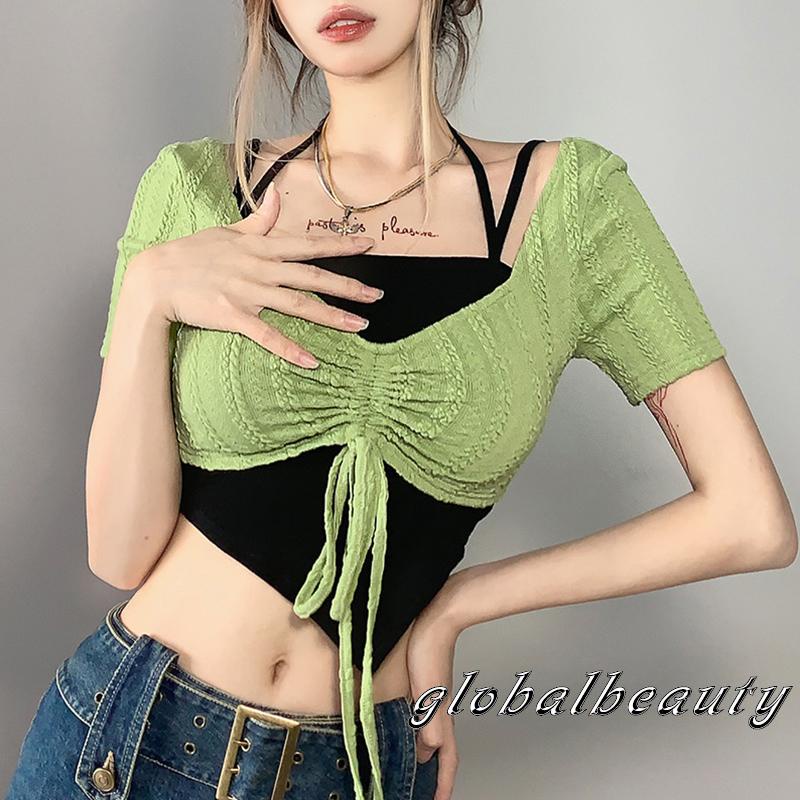 Áo Croptop Hai Dây Và Áo Sơ Mi Tay Ngắn Màu Xanh Lá Phối Dây Rút Thời Trang Dành Cho Nữ