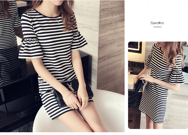 KOREAN STYLE Đầm Tay Ngắn Kẻ Sọc Thời Trang Hàn Quốc Cho Nữ