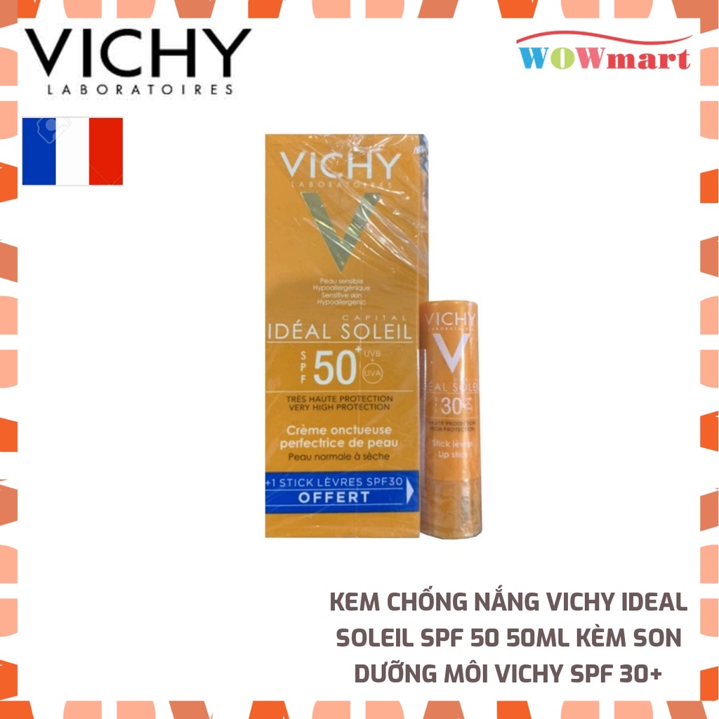 Kem chống nắng Vichy Ideal Soleil SPF 50 50ml kèm son dưỡng môi Vichy SPF 30+