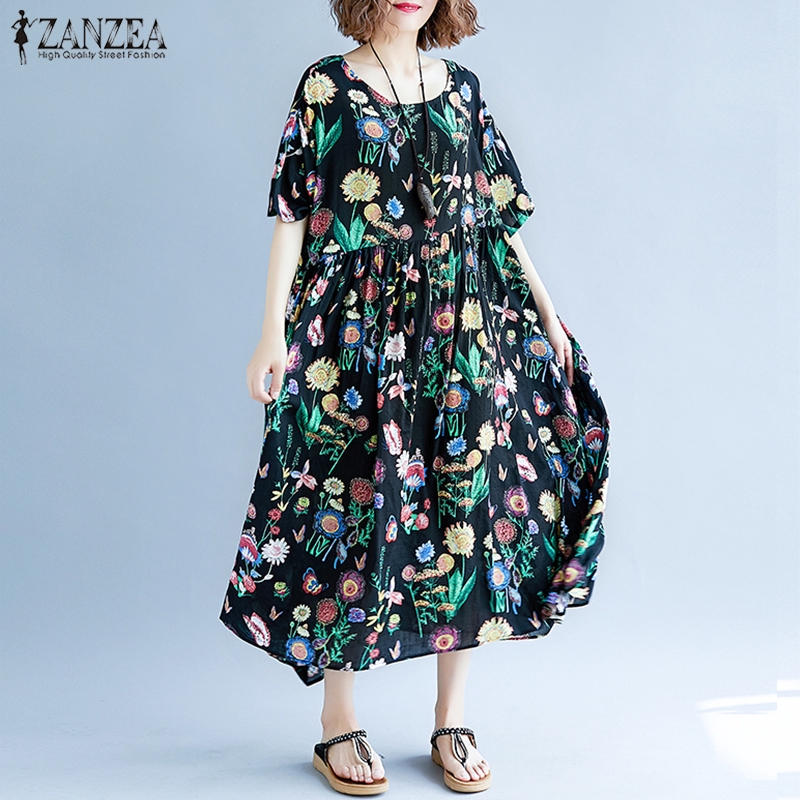 Đầm maxi dài ZANZEA cổ tròn in họa tiết thanh lịch cho nữ | BigBuy360 - bigbuy360.vn