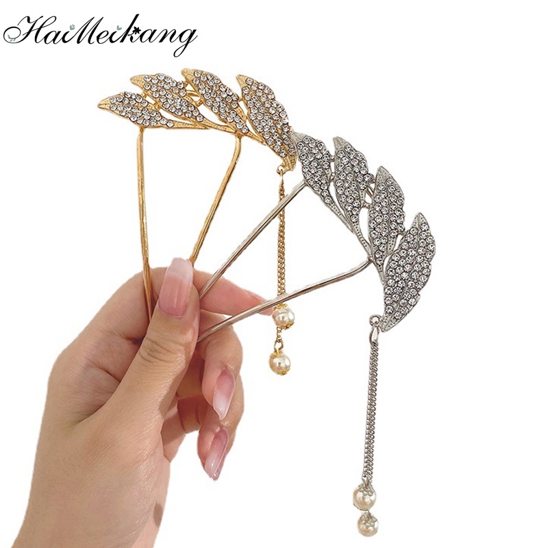 Kẹp tóc kim loại Haimeikang hình chữ U thiết kế đính đá ngọc trai tính khí đơn giản