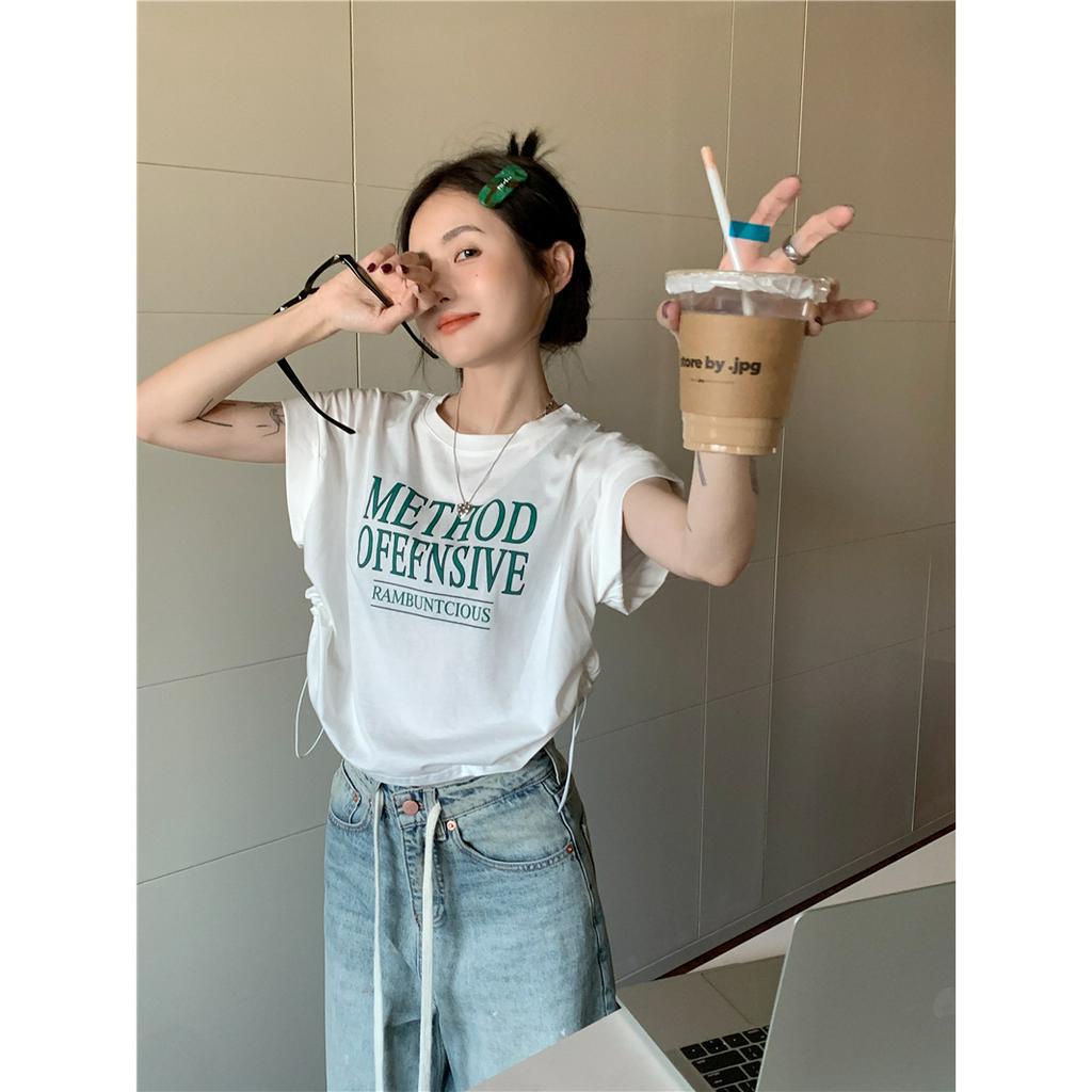 QADCOL  áo crop top Áo Thun Tay Ngắn Phối Dây Rút Trước Ngực In Họa Tiết Độc Đáo Thời Trang Mùa Hè Chất Lượng áo croptop tay dài form rộng Cao Cho Nữ