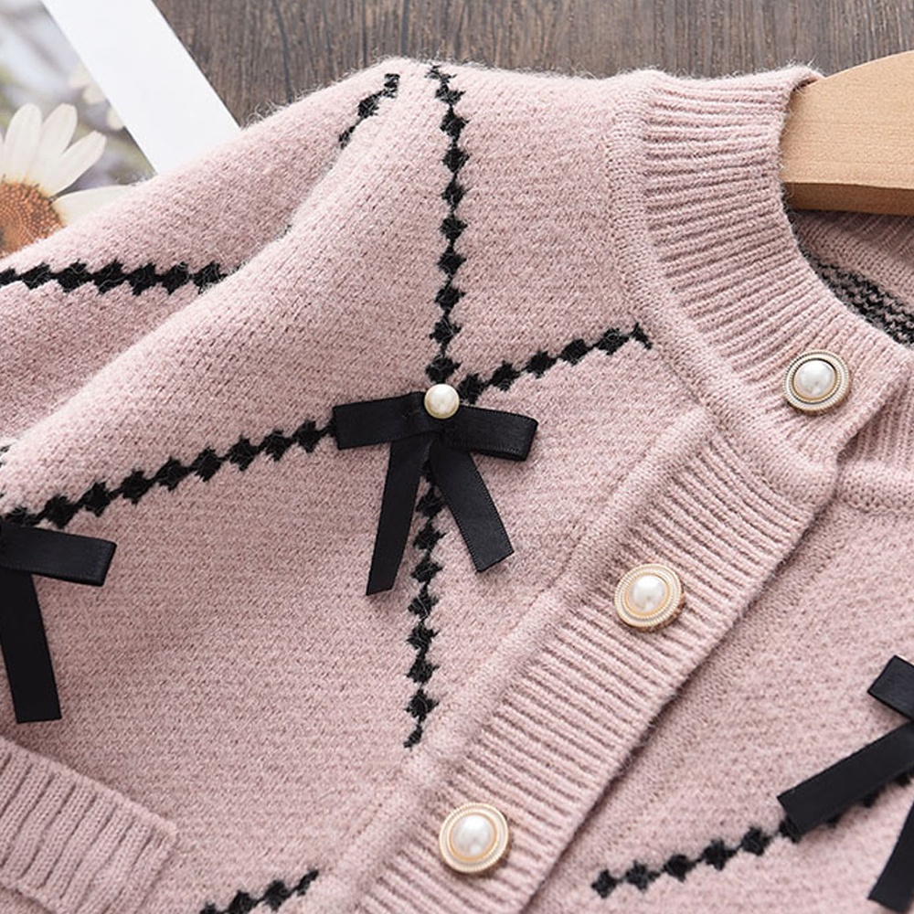 BEAR LEADER Bộ Áo Khoác Cardigan Đính Nơ + Quần Dài Thời Trang Thu Đông Cho Bé Gái 2-6 Tuổi