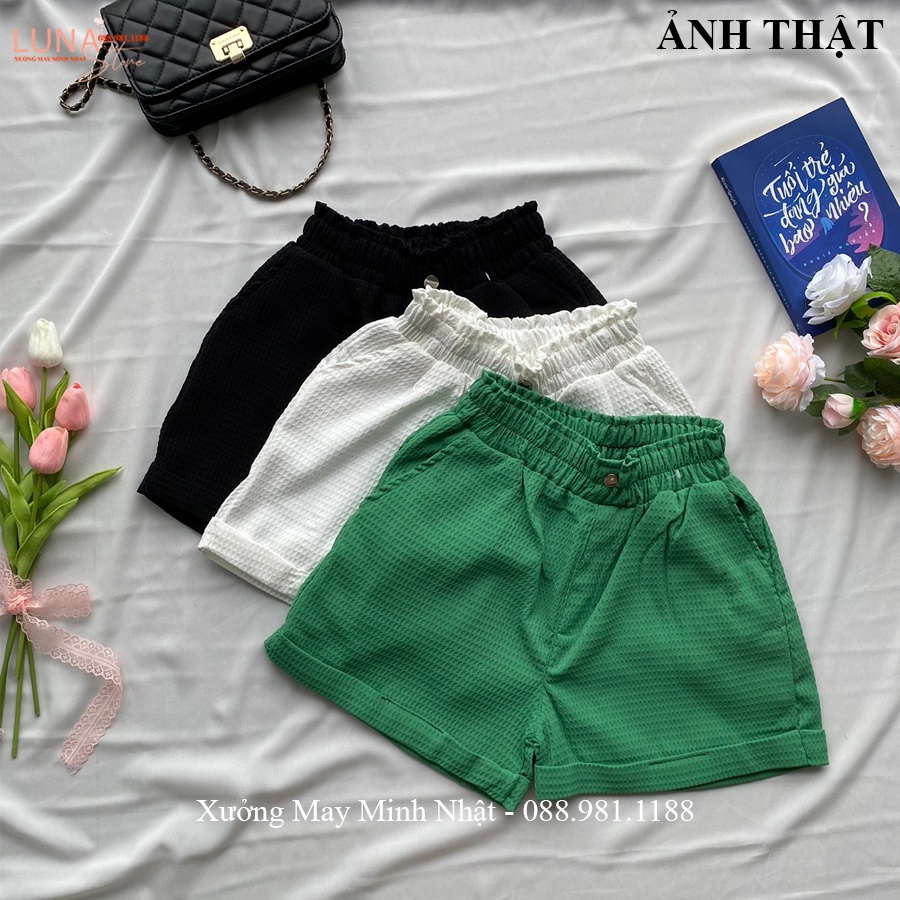 Quần đùi nữ mặc nhà lưng cao cạp chun thun co giãn dáng quần ngủ nữ vải xốp ong gập gấu đi biển chơi hẹn hò thể thao đẹp
